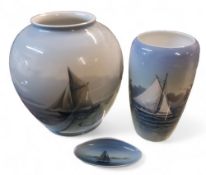 A Royal Copenhagen ovoid vase, decorated with a continuous seascape, with sailing boats, 23.5cm