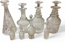 A 19th century mallet shaped decanter, triple ring neck, 26cm high, c.1820;  others, various;