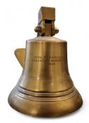 A brass ship's bell, ex HMS Rodney, dismantled Inverkeithing 1949, 22cm high