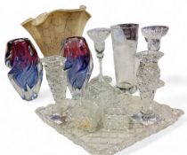 A large Jozefina glass from Krosno, Poland flared cylindrical vase, wavy rim, in coffee, 24cm high;