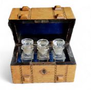 A 19th century French scent casket, in the form of a coopered chest, with three bottles, 10.5cm