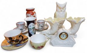 A Belleek Owl vase, lustrous yellow wings, 21.5cm high, green mark;  a pair of similar cornucopia