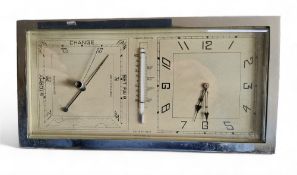 An Art Deco rectangular chrome weather station, with barometer, clock and thermometer, 24cm wide,
