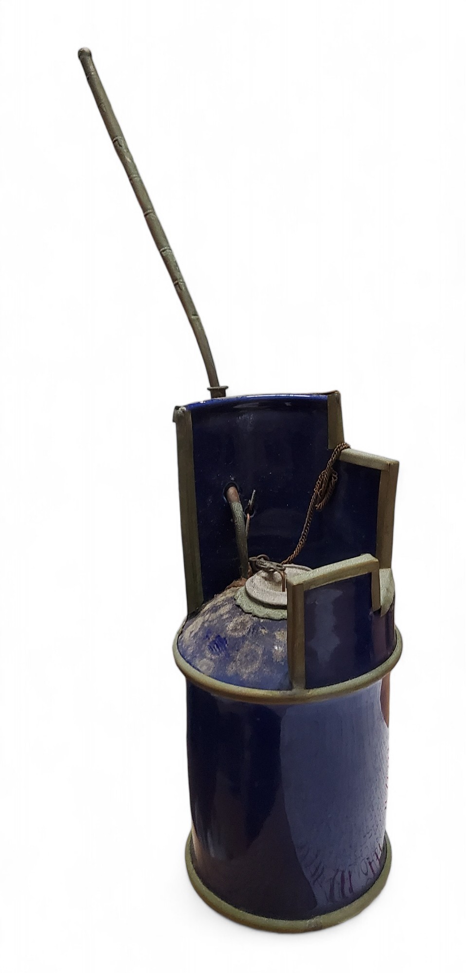 A Cantonese metal mounted blue enamelled opium pipe, 20cm high