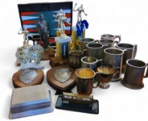 Tennis and other plated trophies;  pewter and plated mugs;  Backgammon set;   etc