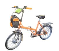 A folding electric bike, Bell airgel seat, orange livery