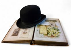 A Victorian morocco leather photograph album, c.1880;  a Ozonic bowler hat