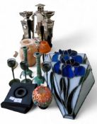 A large pair of chrome plated table candlesticks;  others, contemporary;  etc