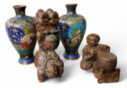 A pair of Japanese cloisonne ovoid vases, 12cm high, Meiji period;   a Chinese okimono of