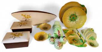 A pair of Carlton Ware Mimosa pattern boxes and covers;   Carlton Ware Foxglove pattern toast rack;