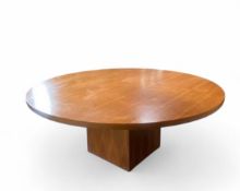 A substantial Art Deco style walnut circular dining table, square form base, 78.5cm x 188cm