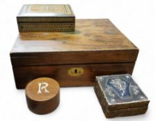 A Victorian rosewood work box, brass shield cartouche and escutcheon, 30cm wide, c.1870;   others