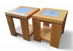 A pair of contemporary square coffee/side tables, frosted glass inserts, 55cm high, 50cm wide