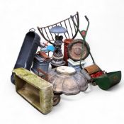 Salvage - a Ransomes of Ipswich mower; chimney pots; a metal trough; reconstituted stone garden