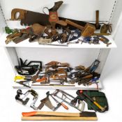 Tools - Record planes, Esso oil can; two-man tree felling saw; vices, chisels, hammers, wrenches,