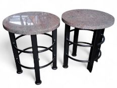 A pair of metal and polished granite occasional tables