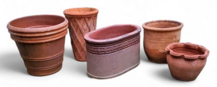 Five terracotta plant pots, various shapes and sizes