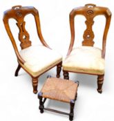 A pair of Victorian pollard oak bedroom chairs,, damask stuffed over seats; a barley twist rush
