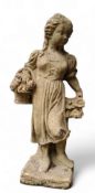 Garden Statuary - a reconstituted stone figure of a young girl, with a bountiful summer harvest,