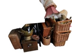 Wicker baskets;   a set of three brass fireside implements; a half fluted helmet shaped coal bucket;