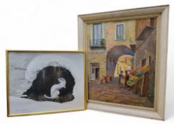 Mary Bradbury, Fruit Stall, S Agata, signed, oil on board, 49.5cm x 40cm;  Ian A Drummond, Stoat,