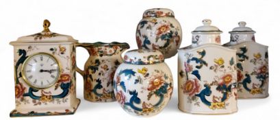 Mason Ironstone Java pattern mantel clock;  a pair of ginger jars and covers;   tea canisters and