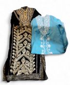 A black velvet and gold caftan, embroidered  with stylised flowers, approx size 12;  another, in