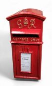 A replica GVIR Post Office post box, painted in red, 58cm high, 28cm wide, 37.5cm deep