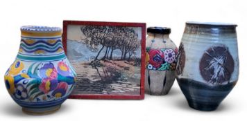 A 1930's Poole pottery Fuscia pattern vase; a St. Ives type studio pottery vase; Austrian vase and