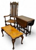 A Carolean Revival high backed hall chair; burr walnut coffee table nd barley twist gateleg table (