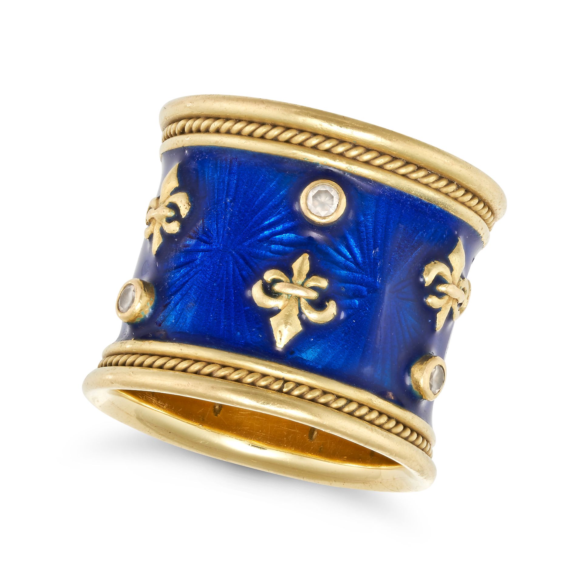 ELIZABETH GAGE, AN ENAMEL AND DIAMOND FLEUR DE LIS RING in 18ct yellow gold, the wide band reliev...