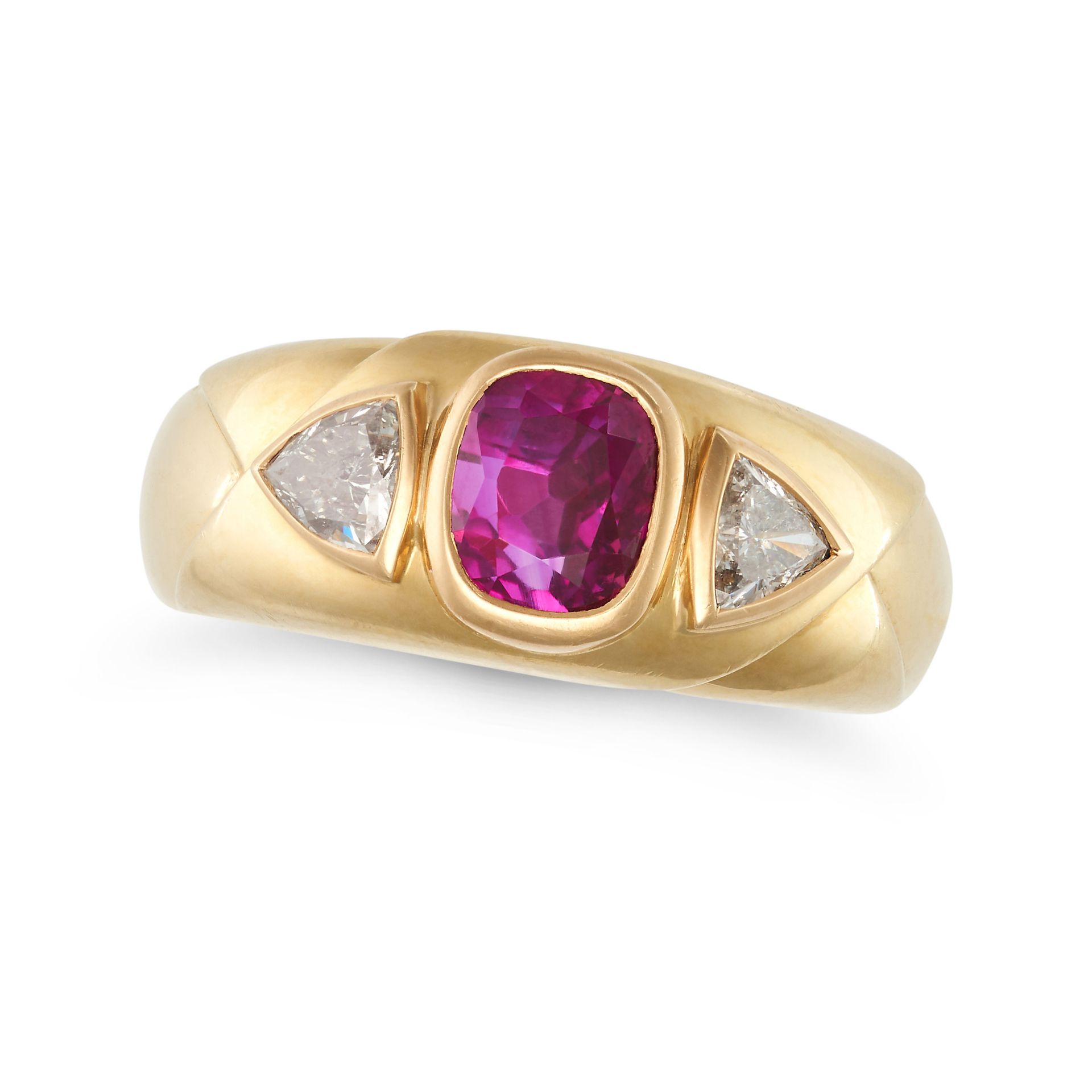 A CEYLON NO HEAT PINK SAPPHIRE AND DIAMOND THREE STONE RING in 18ct yellow gold, set with a cushi...