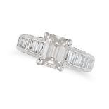 A DIAMOND RING in 18ct white gold, set with an emerald cut diamond of 2.20 carats, the band set w...