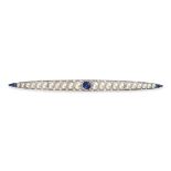 AN ART DECO SAPPHIRE, PEARL AND DIAMOND BAR BROOCH in platinum, set with a round cabochon sapphir...