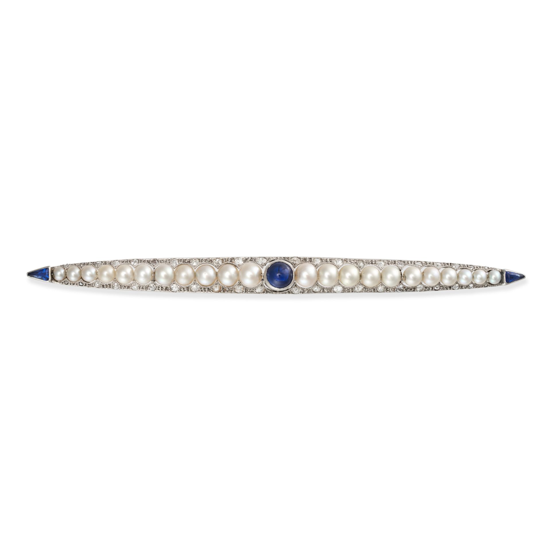 AN ART DECO SAPPHIRE, PEARL AND DIAMOND BAR BROOCH in platinum, set with a round cabochon sapphir...