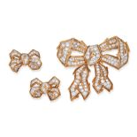 TIFFANY & CO., A FINE VINTAGE DIAMOND BOW BROOCH AND EARRINGS SUITE in 18ct yellow and white gold...