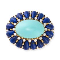 A TURQUOISE, LAPIS LAZULI AND DIAMOND BROOCH in 18ct yellow gold, set with an oval cabochon turqu...