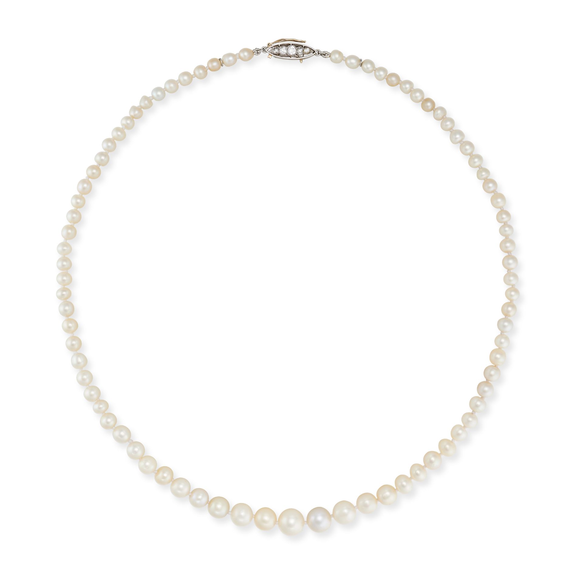 A NATURAL SALTWATER PEARL AND DIAMOND NECKLACE in white gold, comprising a row of graduating pear...