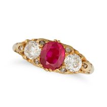 A RUBY AND DIAMOND THREE STONE RING in 18ct yellow gold, set with an oval cut ruby of approximate...