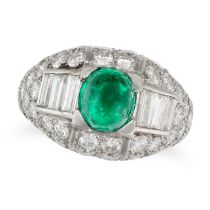 CARTIER, A FINE EMERALD AND DIAMOND RING in platinum, set with an oval cabochon emerald of approx...