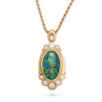 A BLACK OPAL AND DIAMOND PENDANT NECKLACE in 18ct yellow gold, the pendant set with a cabochon bl...