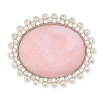 A PINK OPAL, DIAMOND AND PEARL BROOCH in white gold, set with an oval cabochon pink opal in a bor...