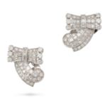 A PAIR OF RETRO DIAMOND EARRINGS in white gold and platinum, each in a scrolling design set with ...
