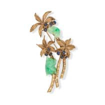 A JADEITE JADE AND SAPPHIRE BUSH BABY AND PALM TREE BROOCH in 18ct yellow gold, designed as three...