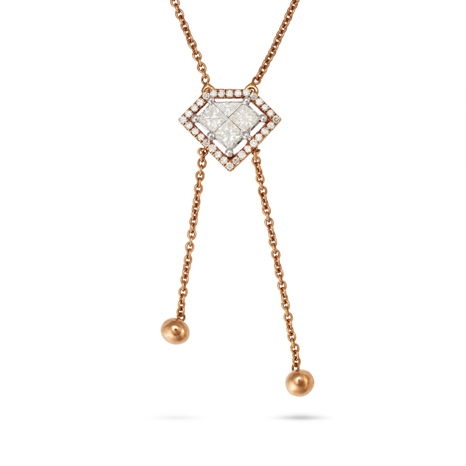 A DIAMOND PENDANT NECKLACE in rose gold, the diamond shaped pendant set with a cluster of princes...