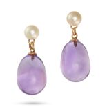 A PAIR OF AMETHYST AND PEARL DROP EARRINGS in yellow gold, each set with a pearl suspending a pol...