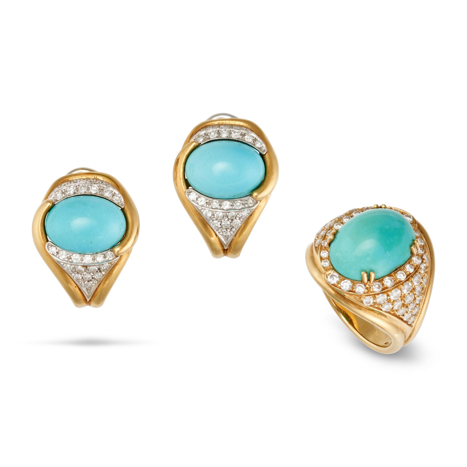 A TURQUOISE AND DIAMOND RING AND EARRINGS SUITE in 18ct yellow gold, the ring set with a cabochon...