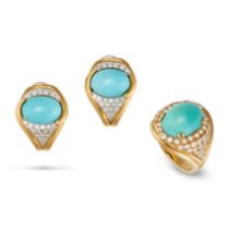 A TURQUOISE AND DIAMOND RING AND EARRINGS SUITE in 18ct yellow gold, the ring set with a cabochon...