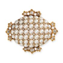 AN ANTIQUE PEARL AND DIAMOND BROOCH in yellow gold, the oval brooch set with pearls accented by o...