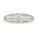 AN ANTIQUE DIAMOND BROOCH in white gold, the oval openwork brooch set with a row of old cut diamo...